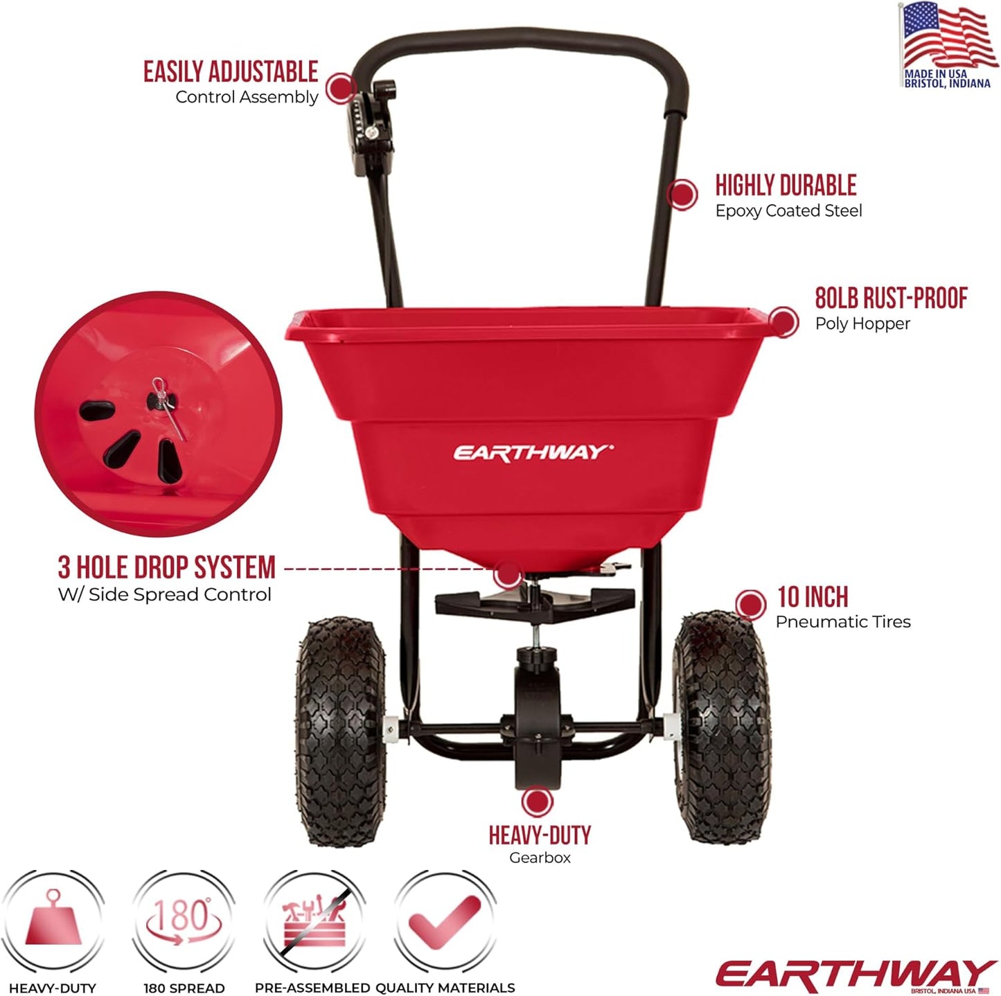 EarthWay 2050P 80lb Broadcast Spreader, Lawn Aerator, Fertilizer Spreader, 80lb Capacity, Pre-Assembled, with Rustproof Poly Hopper and Adjustable Drop Rate for Lawn Care & Seed Spreading