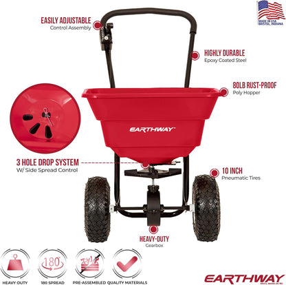 EarthWay 2050P 80lb Broadcast Spreader, Lawn Aerator, Fertilizer Spreader, 80lb Capacity, Pre-Assembled, with Rustproof Poly Hopper and Adjustable Drop Rate for Lawn Care & Seed Spreading