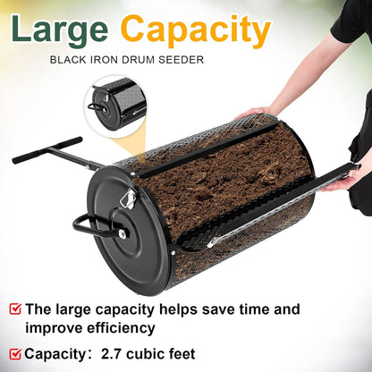 Hiboom 36 Inch Compost Spreader, Peat Moss Spreader, Manure Roller with Adjustable T Shaped Handle, Lightweight Metal Mesh for Lawn Garden Spreading Manure Topsoil (Black)