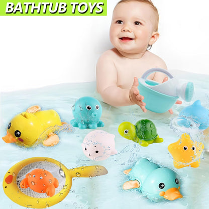 Bath Toys for Babies 6-12+ Months, Wind-up Ducks Bath Toys for Kids Ages 1-3, No Hole Baby Bath Toy Ocean Animal Floating Pool Toys for Toddlers, Water Toys Fishing Net Watering Can