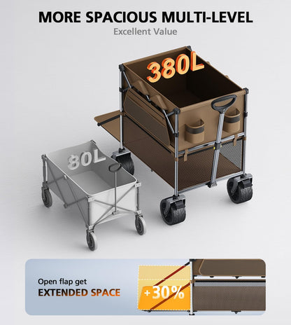Foldable Wagon Cart,Everyfun 480Lbs Double Decker Wagon,Beach Carts with Big Wheels&Side Pocket&Dustbag,Large Capacity Folding Wagon for Shopping,Garden,Camping,Fish,New Wave Sports Wagon-Brown