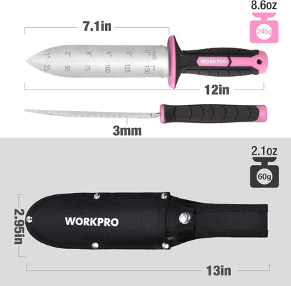 WORKPRO Hori Hori Garden Knife, 7" Stainless Steel Blade with Cutting Edge, Garden Tools with Oxford Sheath, Ergonomic TRP Handle with Hanging Hole for Weeding, Planting, Digging, Pink