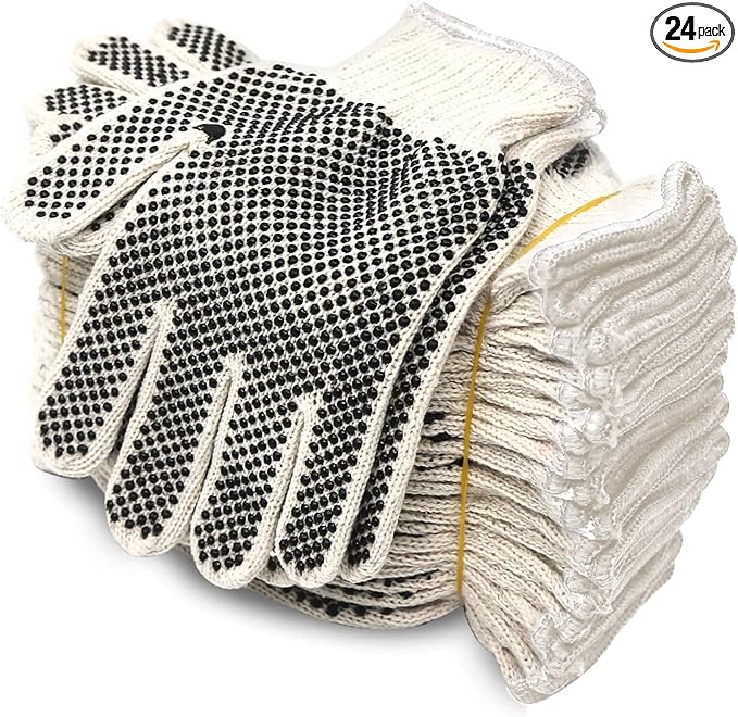 Evridwear Cotton Polyester String Knit Shell Safety Protection Work Gloves for Painter Mechanic Industrial Warehouse Gardening Construction Men & Women 12 Pairs, With Two Side dots, L Size