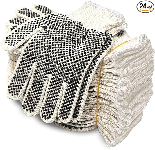 Evridwear Cotton Polyester String Knit Shell Safety Protection Work Gloves for Painter Mechanic Industrial Warehouse Gardening Construction Men & Women 12 Pairs, With Two Side dots, L Size