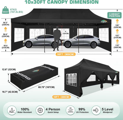 COBIZI 10x30 Pop Up Canopy Tent Heavy Duty with 8 Removable Sidewalls, Commercial Portable Tents for Parties Ez Up Canopy All-Weather Windproof & Waterproof and UPF 80+ Wedding Tent Sun Shelter