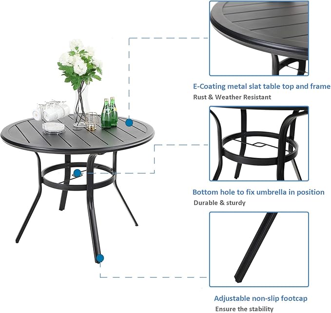 MFSTUDIO Patio Table and Chairs Set of 4, Round Outdoor Dining Set with Umbrella Hole, 5 Piece Patio Furniture Set for Deck/Backyard/Poolside/Garden