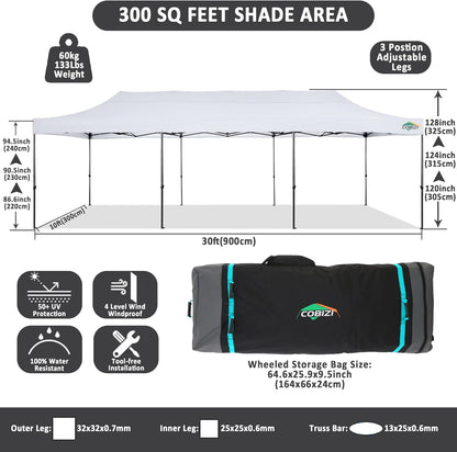 COBIZI 10x30 Pop Up Canopy Without Sidewall,Heavy Duty Canopy UPF 50+ All Season Wind Waterproof Commercial Outdoor Wedding Party Tents for Parties Gazebo with Roller Bag(10 x 30 ft White)