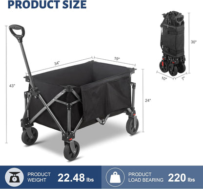 Collapsible Folding Wagon Cart, 220LBS Heavy Duty Foldable Utility Garden Cart with All Terrain Wheels & Side Storage Bag, Portable Sports Wagon for Camping, Shopping, Garden (Black)