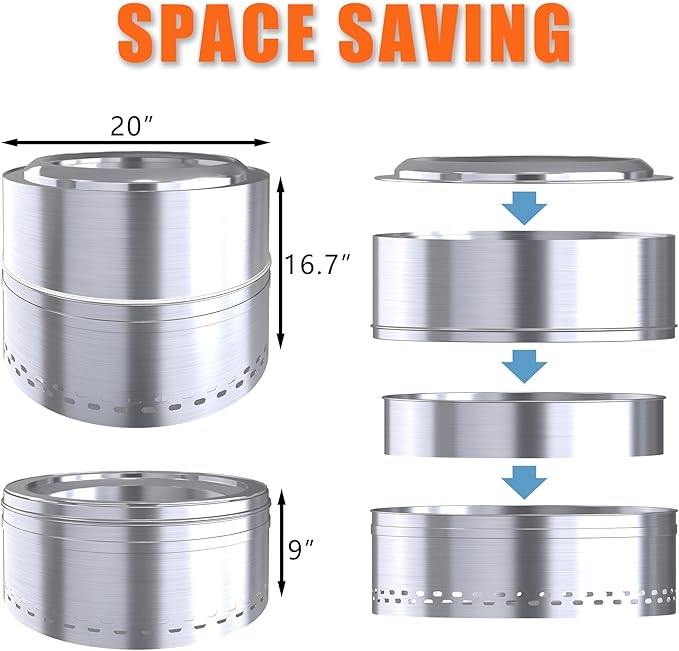 Outdoor Smokeless Fire Pit, 20'' Portable FirePits for Camping, Smokeless FirePit for Outside with Carry Bag, Wood Burning Stove, Stainless Steel，Black