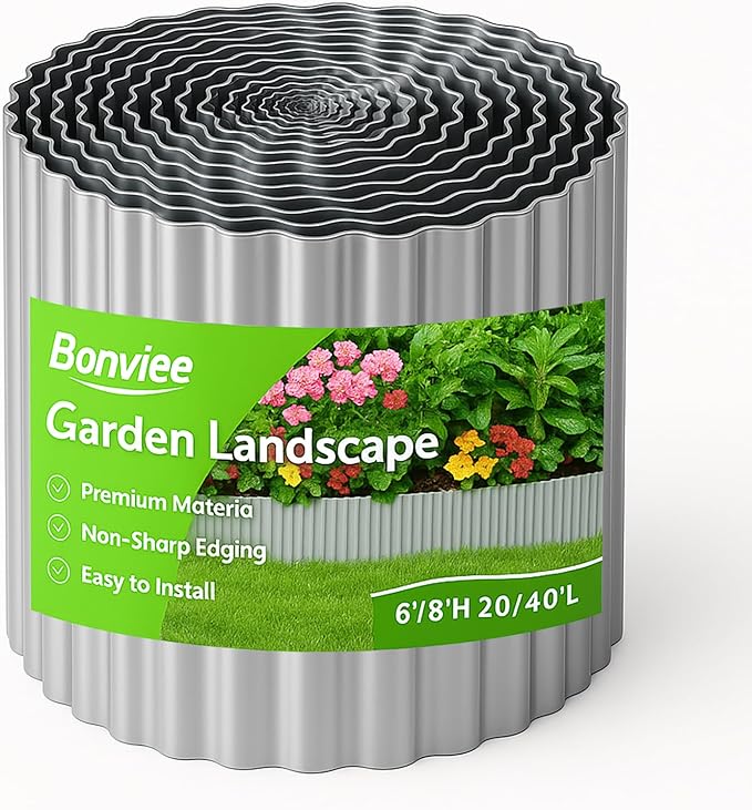 Bonviee 6” x 40’ Metal Landscape Edging Border Kit, Corrugated Garden Edging for Flower Bed, Lawn, Walkways, No Dig Paver Edging for Landscaping, Durable Garden Border Edging (Silver, 6In x 40Ft)