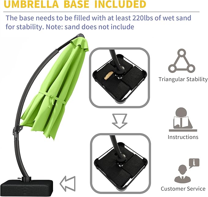 Kingdura 11ft Offset Cantilever Patio Umbrella with Base Included, Large Round Aluminum Outdoor Umbrella, 360° Rotation & Infinite Tilt, Heavy Duty Frame for Deck Pool Backyard, Apple Green