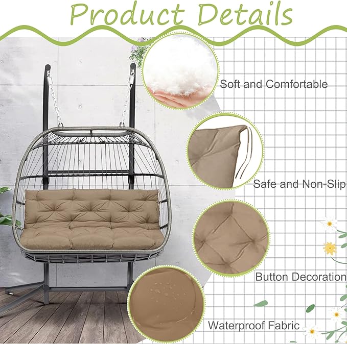 Swing Replacement Cushions with Backrest, 2 or 3 Seater Waterproof Non-Slip Overstuffed Swing Pad, Indoor/Outdoor Bench Cushion for Porch Chair Swings Garden Furniture (Khaki, 40 * 71 in)