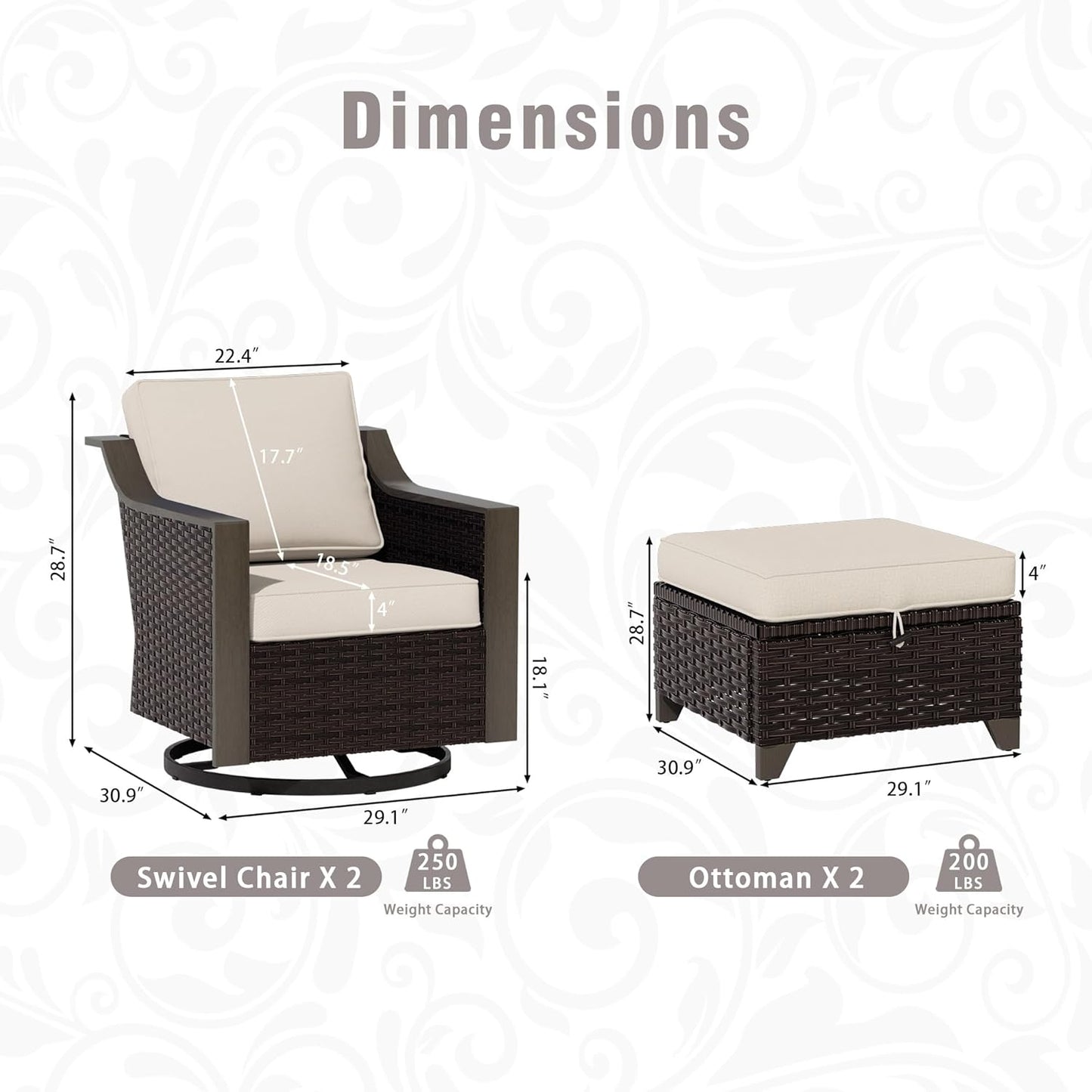 4 Piece Wicker Patio Conversation Set, All-Weather Use Outdoor 2 PE Rattan Swivel Chair, 2 Ottoman, Removable Water-Resistant Cushion, Ideal for Porch, Backyard, Balcony, Poolside, Beige