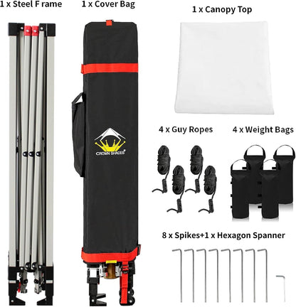 CROWN SHADES 10x10 Pop Up Canopy - Beach Tent with One Push Setup - Easy Outdoor Sun Shade for Events, Parties, Camping - Gazebo with STO-N-Go Cover Bag, Silver Coated Top, Grid White