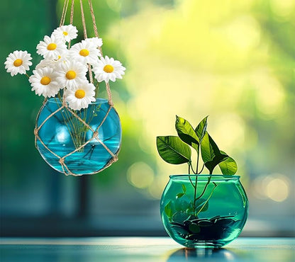 SAILINGSTORY Hanging Glass Plant Terrarium 5" Glass Planter Propagation Stations Flower Vase Blue and Teal Set of 2 Pack