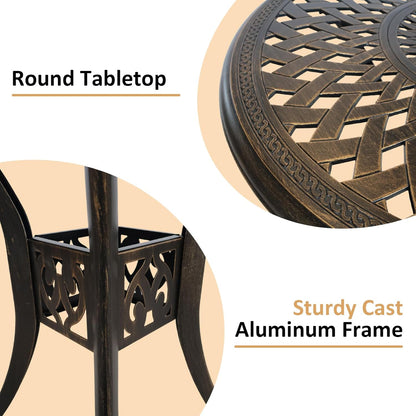 30.7" Outdoor Round Cast Wrought Aluminum Patio Metal Dining Table with Umbrella Hole, Cast Aluminum Frame Bistro Table for Backyard Lawn Balcony Deck, Bronze