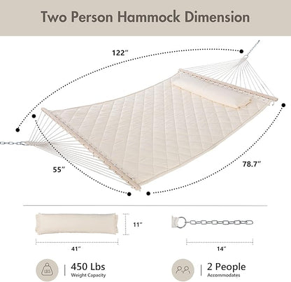ANOW Two Person Hammock with Spreader Bars and Detachable Pillow, Heavy Duty Hammock for Outdoors Indoors, 450 LBS Weight Capacity, Cream