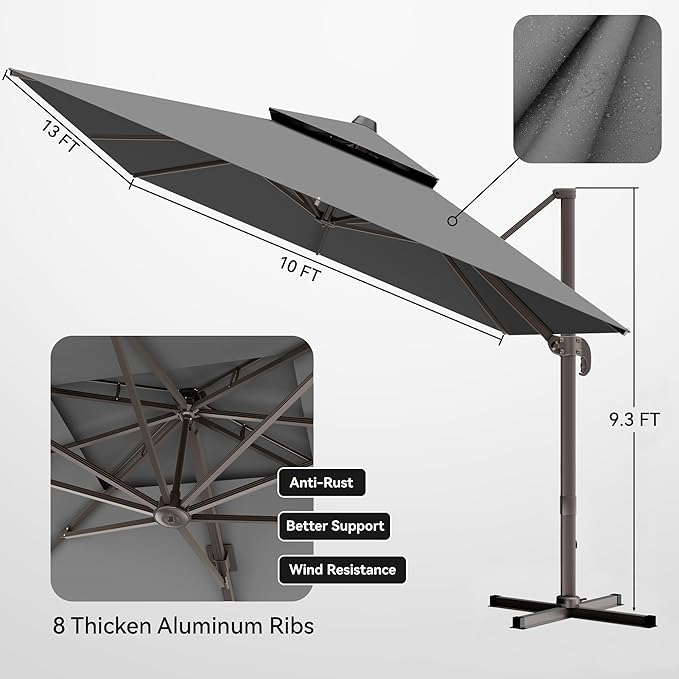 10x13 FT Patio Umbrella, Large Cantilever Rectangular Double Top Heavy Duty Offset Umbrellas with 360° Rotation, Outdoor shade for Garden Deck Pool Patio, Gray