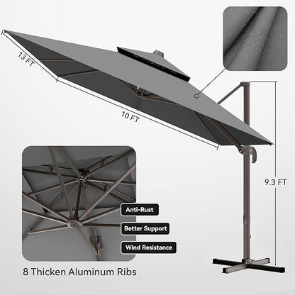 10x13 FT Patio Umbrella, Large Cantilever Rectangular Double Top Heavy Duty Offset Umbrellas with 360° Rotation, Outdoor shade for Garden Deck Pool Patio, Gray