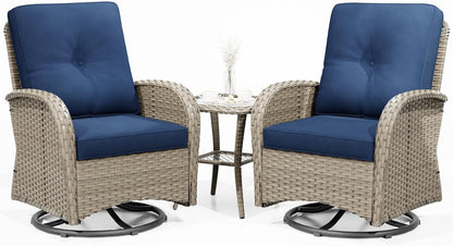 Joyside Outdoor Swivel Rocker Chairs, 3 Piece Wicker Patio Set with Thick Cushion and Side Table, Rattan Patio Swivel Rocking Chairs for Porch, Deck Use (Natural/Blue, 3 PCS)
