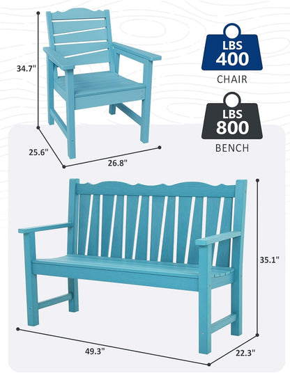 Patio Chairs Set, Weatherproof HIPS Outdoor Furniture, Include 2 Patio Dining Chairs + Outdoor Bench, Suit for Garden, Porch, Lawn & Backyard (Lake Blue)