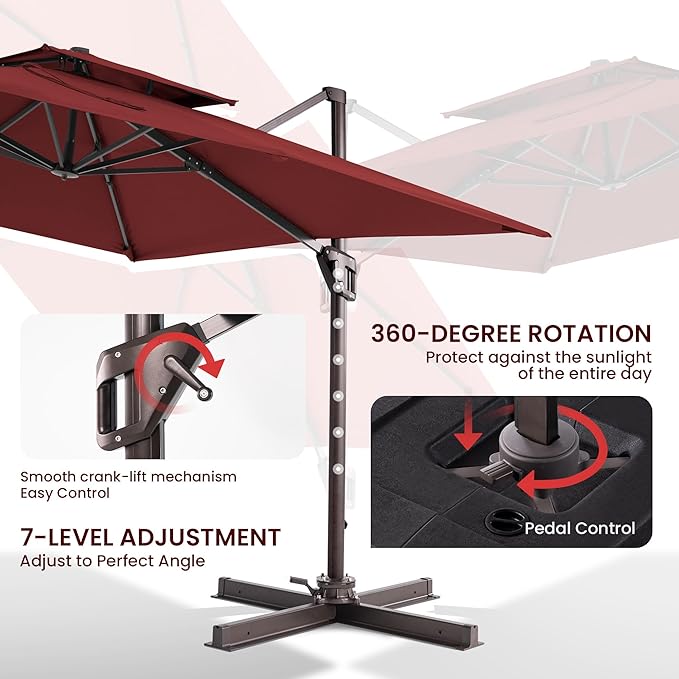 10x10 FT Cantilever Patio Umbrella Double Top Outdoor Square Large Heavy Duty Aluminum Offset Umbrellas with 7 Level Tilt 360-degree Rotation for Pool Garden Deck, Wine Red