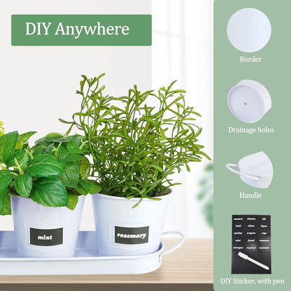 4" Herb Garden Planter Kit, Indoor Herb Planters with Tray, Set of 3 Metal Windowsill Pots for Flower Plants with Drainage Hole, Customizable Labels & Marker Pen, White