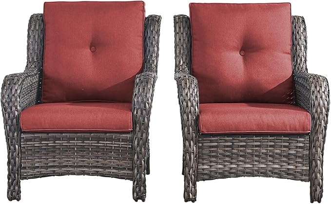 Rilyson Patio Furniture Chairs Outdoor Chair - 2 Piece Wicker Rattan Chairs Set with High Back and Deep Seating for Deck Porch Balcony Backyard Garden(Mixed Grey/Red)
