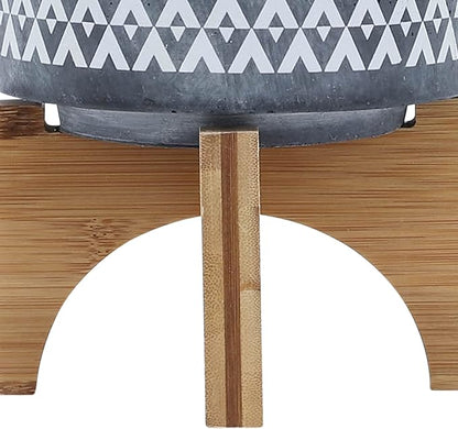 Sagebrook Home Stoneware Planter with Wooden Stand - Ceramic Indoor/Outdoor Plant Pot - Modern Geometric Design - Home & Garden Decor - 6" Gray