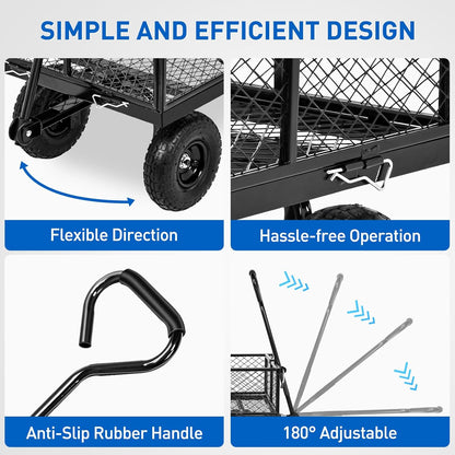 Yesker Steel Garden Carts - 1100lbs Dump Wagon with All Terrain Inflatable Wheels for Yard Lawn Farms Gardening - Heavy Duty Utility Outdoor Hauling Wheelbarrow