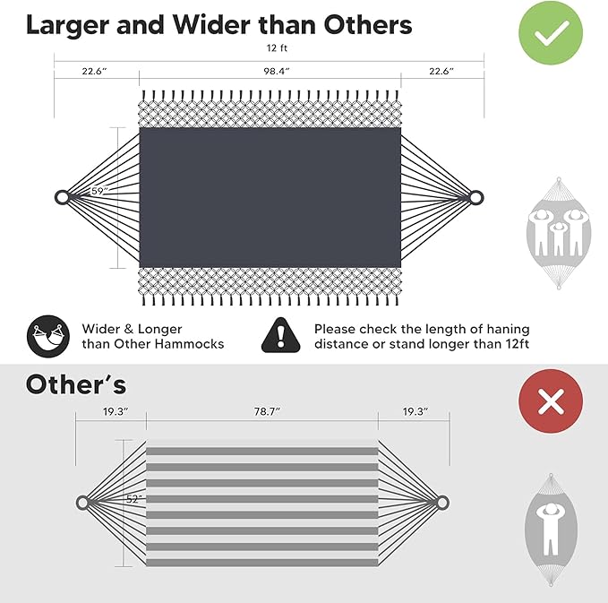 SUNCREAT Extra Large Double Hanging Hammock for Camping, Hammocks for Outside 2 Person Heavy Duty, Dark Gray with Tassels