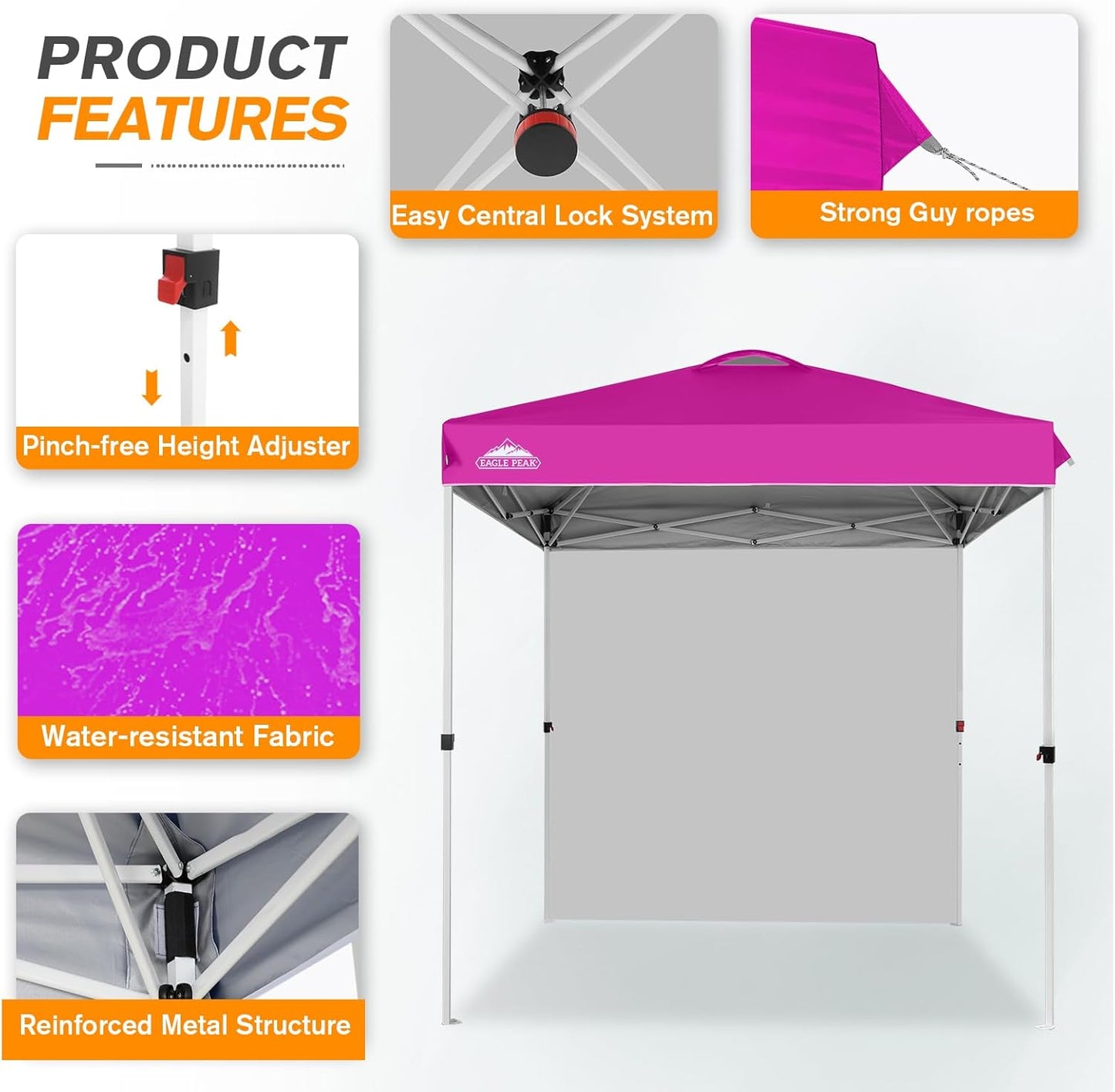 EAGLE PEAK Pop Up Canopy Tent with 1 Sidewall, Easy Setup Event Tent, Outdoor Sun Shade, Wheeled Carry Bag, Stakes and Guy Ropes, Instant Canopy 6.6x6.6, Pink