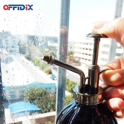 OFFIDIX Plant Mister Flower Watering Can, 6.3" Tall Vintage Pumpkin Style Black Color Glass Spray Bottle & Bronze Plastic Top Pump Ideal for Watering Small Plants Inside Home or Office