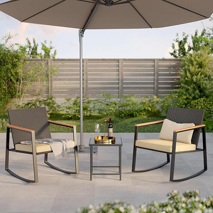 Gizoon 3 Pieces Rocking Patio Bistro Set with Anti-Scald Armrest, Outdoor Patio Wicker Furniture Set with Glass Table and Cushion for Garden, Yard, Porch