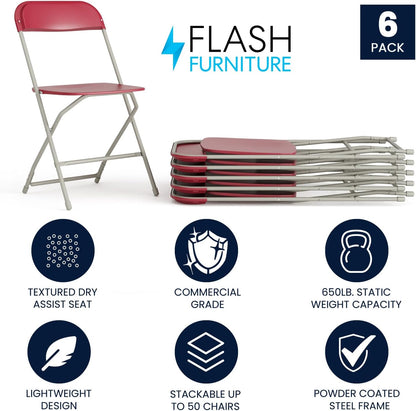 Flash Furniture Hercules Series Plastic Folding Chair - Red - 6 Pack 650LB Weight Capacity Comfortable Event Chair-Lightweight Folding Chair