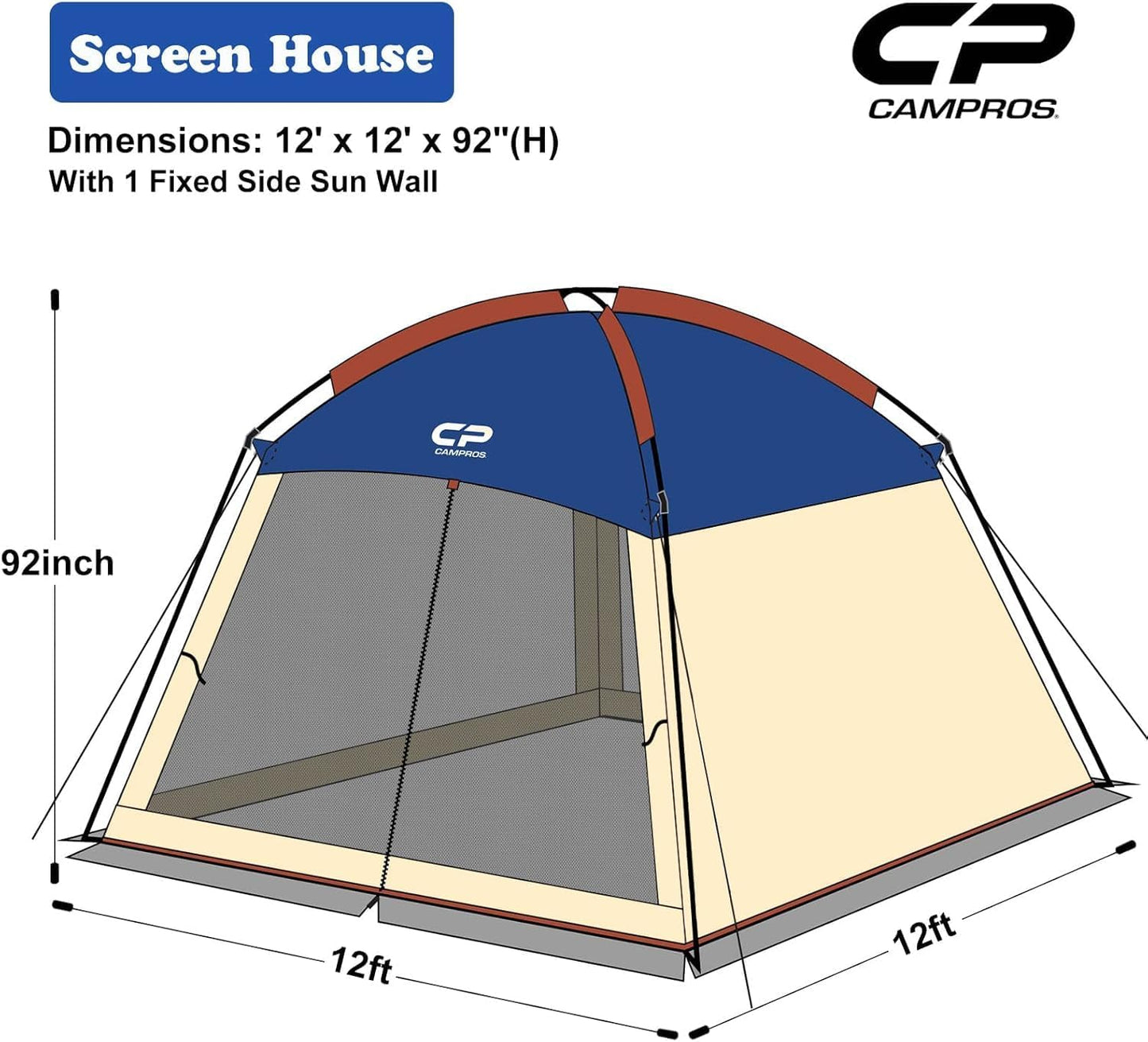 CAMPROS CP Screen House Room with 1 Side Wind/Sun Panel Canopy Tent Camping Tent Screen Shelter Gazebos for Patios Outdoor Camping Activities, 12'X12'X92in(H) - Blue
