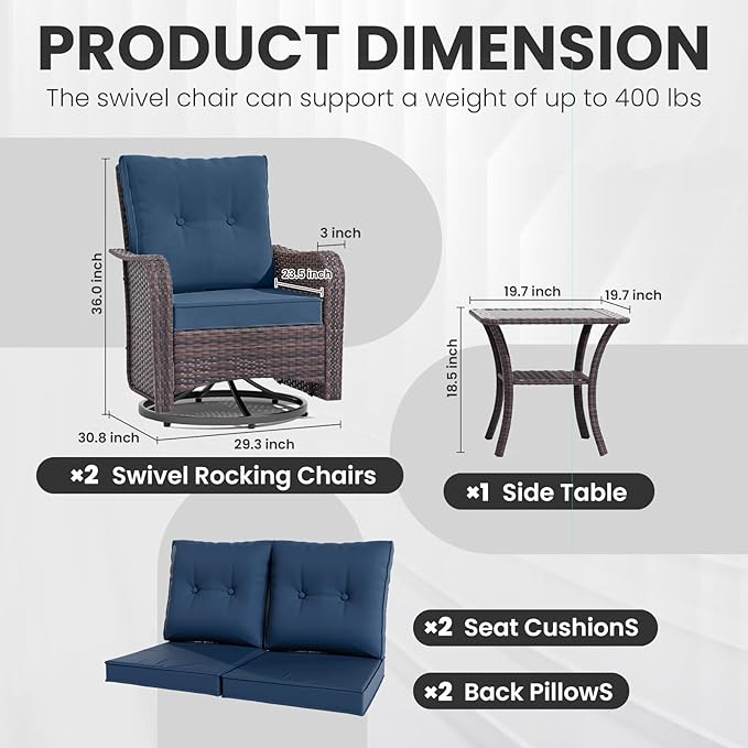 Gotland Outdoor Swivel Chairs Set of 2, 3 Pieces Patio Furniture Set with Thick Cushion, Wicker Rocking Patio Chairs Set of 2, Patio Bistro Set with Double-Layer Coffee Table for Balcony Porch Navy