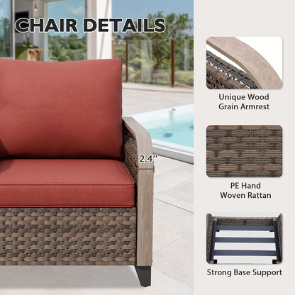 EAGLE PEAK Modern Wicker Outdoor Chair, Patio Chair Curved Armrest, Rattan Patio Furniture for Yard Deck Porch Garden, 2 Chairs 2 Ottomans, 4 Pieces, Brown/Red
