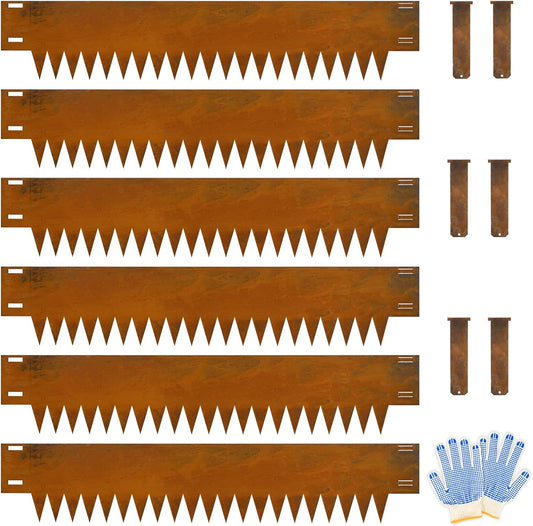 Co rten Steel Landscape Edging 10 Inch Tall 6 Packs, Pre-Rusted Metal Garden Edging with 6 Clips and a Pair of Gloves, Steel Edging for Landscaping, Garden