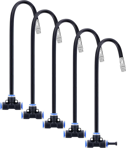 Mornajina 5 Packs Brass Misting Nozzles Tee with 20 inch Built in Hose for Outside Misting System, Adjustable 360° Rotation, Water Mister Nozzles Thread Sprayer 0.043" (1.1 mm)