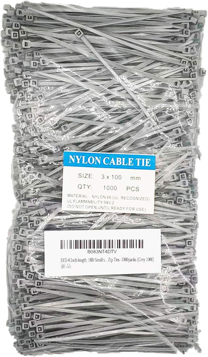 4 Inch Grey Zip Ties (1000 Pieces), 18lb Strength, Nylon Cable Wire Ties