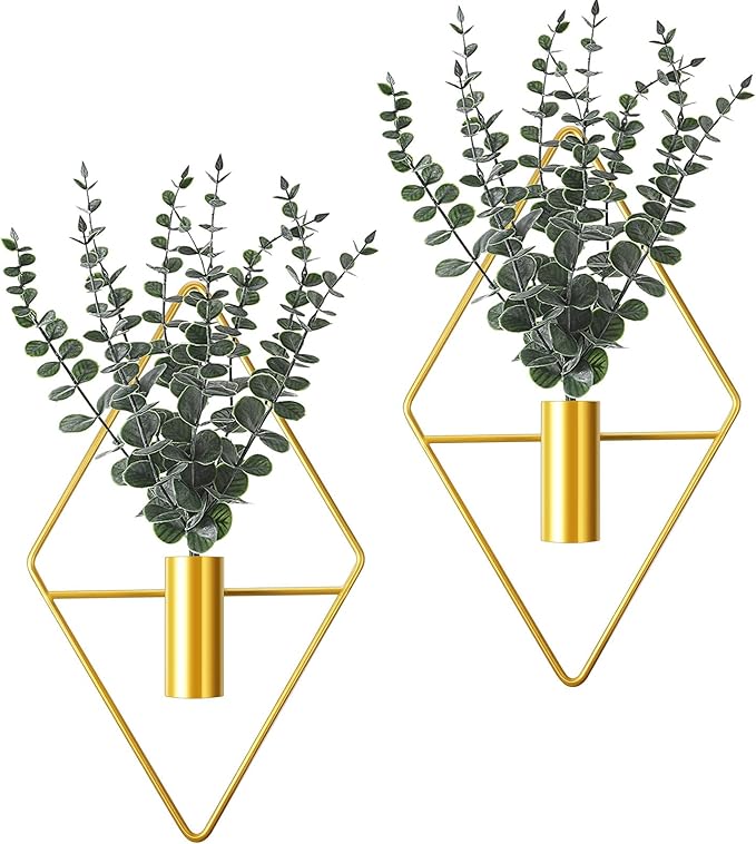 Jexine Hanging Planters with Artificial Eucalyptus Metal Hanging Vase Indoor Plants Holder Modern Geometric Boho Bathroom Wall Decor for Living Room Home Office(Gold,4 Pcs)