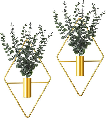 Jexine Hanging Planters with Artificial Eucalyptus Metal Hanging Vase Indoor Plants Holder Modern Geometric Boho Bathroom Wall Decor for Living Room Home Office(Gold,4 Pcs)