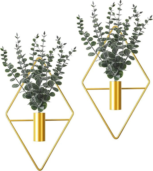 Jexine Hanging Planters with Artificial Eucalyptus Metal Hanging Vase Indoor Plants Holder Modern Geometric Boho Bathroom Wall Decor for Living Room Home Office(Gold,4 Pcs)