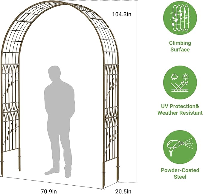 Metal Garden Arbor, 104.3” Tall Wrought Iron Archway for Climbing Plants & Flowers, British-Style Garden Trellis (Copper)