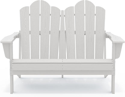 SERWALL 2 Person Adirondack Loveseat, HDPE All-Weather Folding Adirondack Bench Chair, Outdoor Adirondack Chair Set of 4, White
