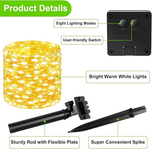 Brightever Outdoor Solar String Lights Waterproof, 2-Pack Total 80FT 200LED Solar Fairy Lights for Outside with 8 Lighting Modes, Solar Twinkle Lights for Yard, Christmas, Party (Warm White)