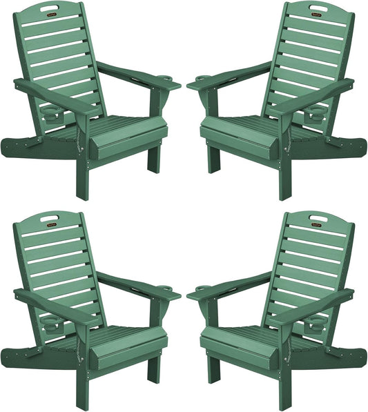 Adirondack Chairs Set of 4, Outdoor Fire Pit Chairs, HDPE All-Weather Adirondack Chairs with Cup Holder, Lawn Chair for Deck, Patio, Garden (Green)