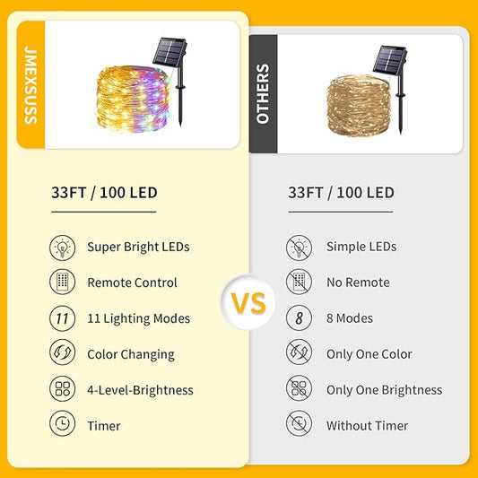 JMEXSUSS 2 Pack Solar Christmas Lights Outdoor Waterproof, 100 LED 33ft Warm White and Multicolor Color Changing Solar Fairy Lights, Copper Wire Solar String Lights for Outside Christmas Decorations