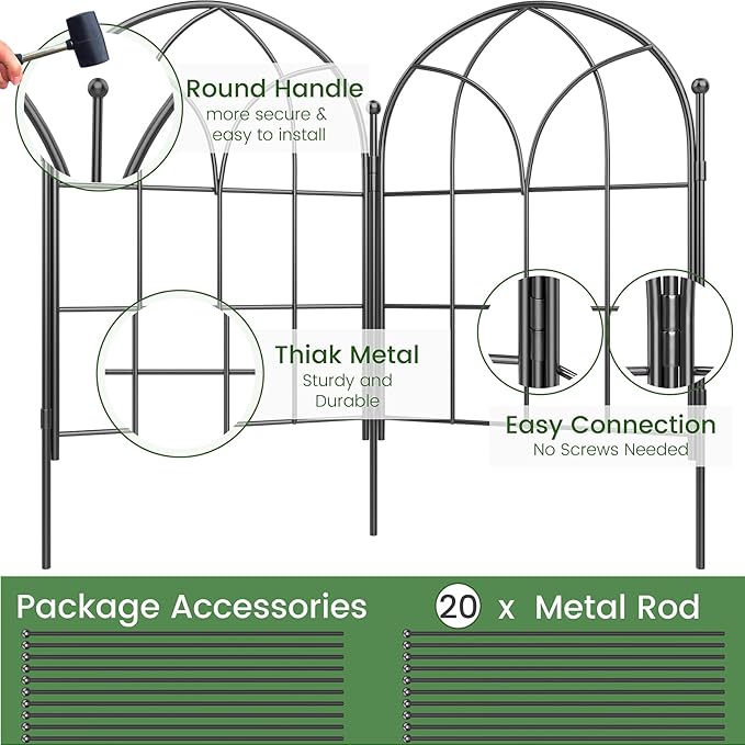 Garden Fences Animal Barrier, 12.55"*16.48" Black Garden Border Fencing, Arched Rustproof Metal No Dig Fence for Dogs, Outdoor Fence, Dog Fencing for Yard, Flower Bed (Medium 19 Pcs)